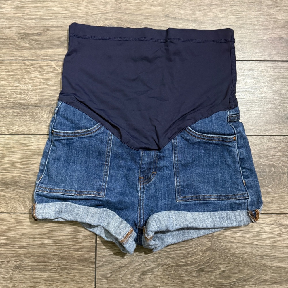 PinkBlush Maternity Denim Shorts Medium Blue Cuffed Full Belly Band IS5733M1